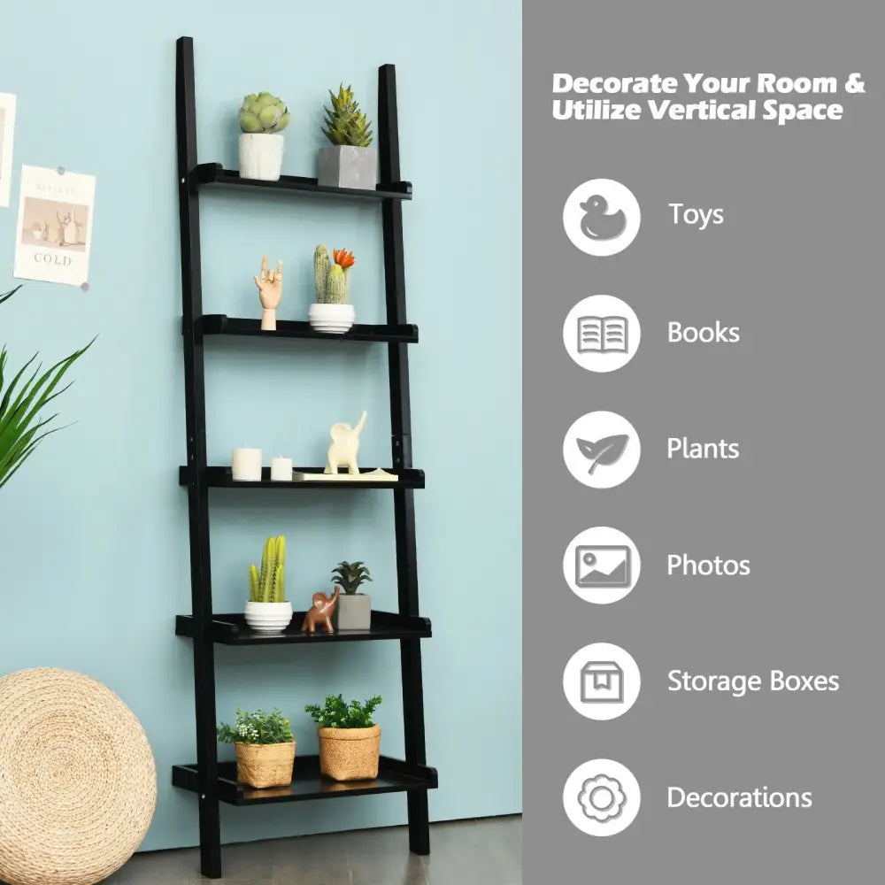 5-Tier Wall-leaning Ladder Shelf Display Rack for Plants and Books-Black - Black - Bookcases