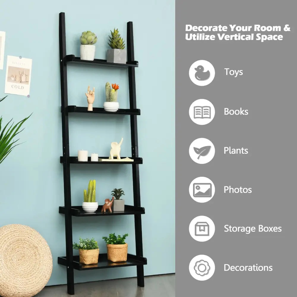 5-Tier Wall-leaning Ladder Shelf Display Rack for Plants and Books-Black - Black - Bookcases