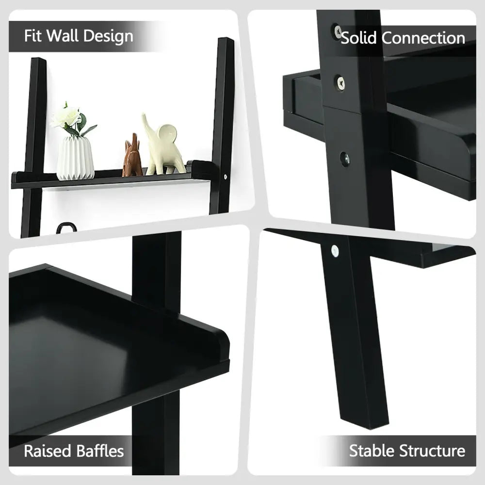 5-Tier Wall-leaning Ladder Shelf Display Rack for Plants and Books-Black - Black - Bookcases