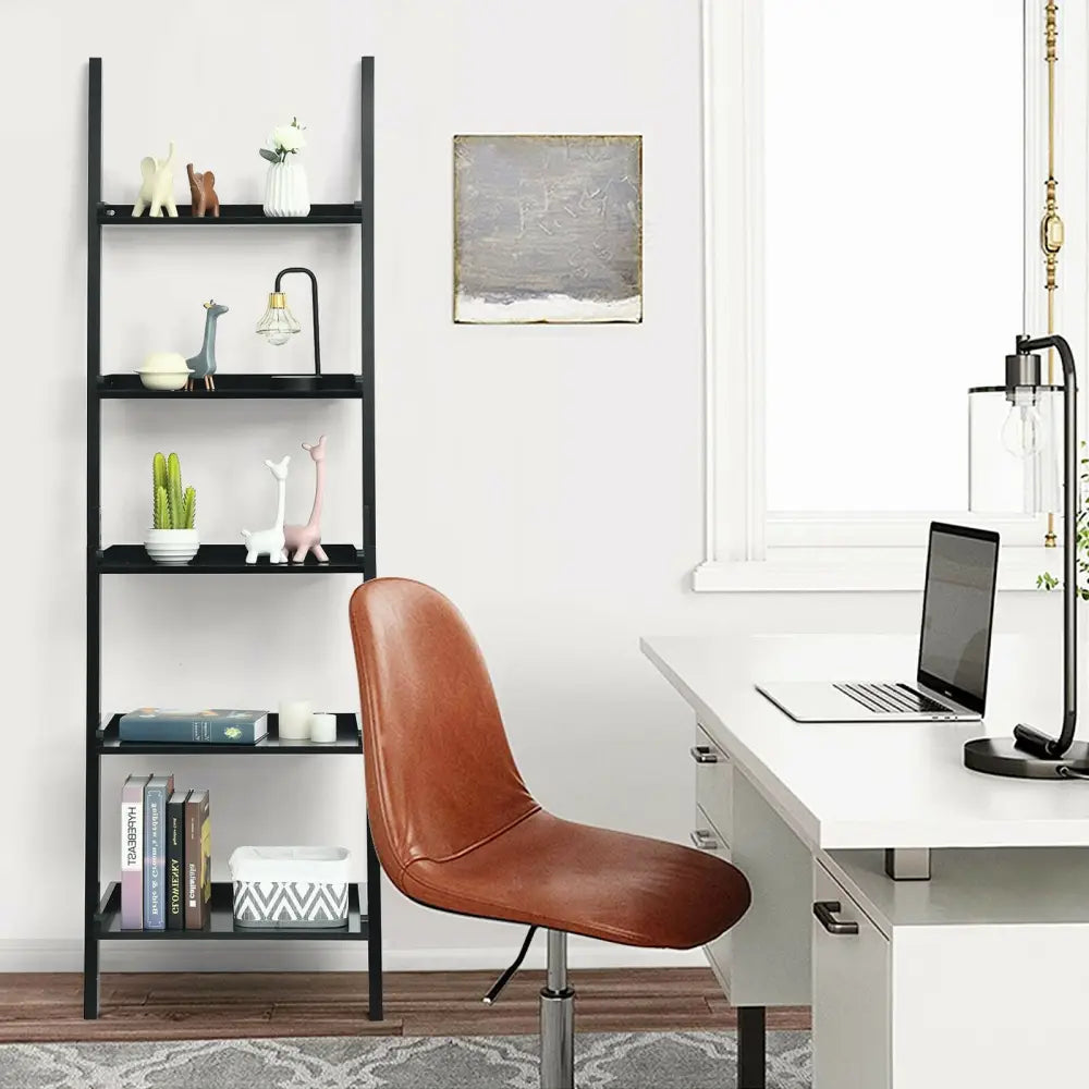 5-Tier Wall-leaning Ladder Shelf Display Rack for Plants and Books-Black - Black - Bookcases
