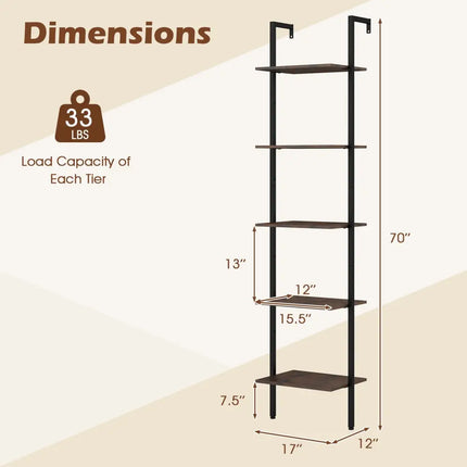5 Tier Wall Mount Ladder Shelf with Anti-Tipping Kits for Home Office-Rustic Brown - Rustic Brown - Bookcases