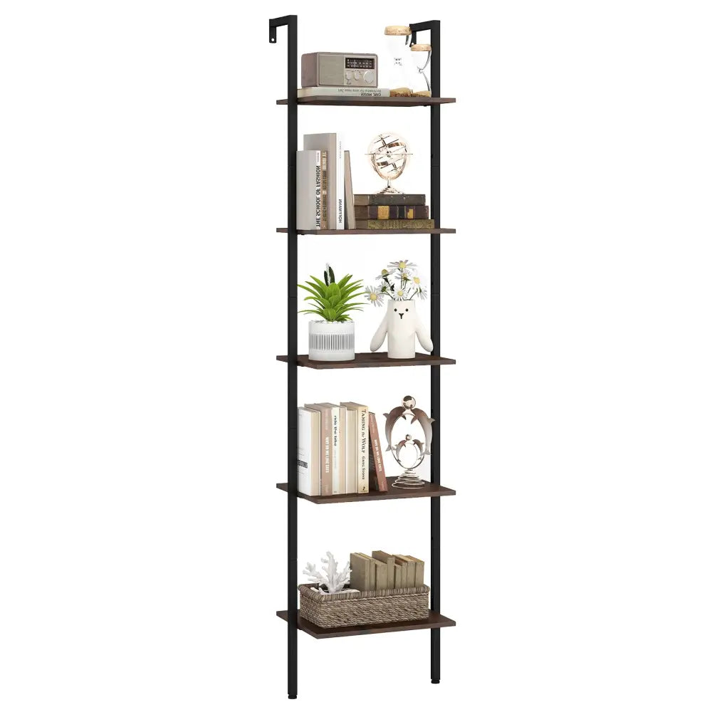 5 Tier Wall Mount Ladder Shelf with Anti-Tipping Kits for Home Office-Rustic Brown - Rustic Brown - Bookcases
