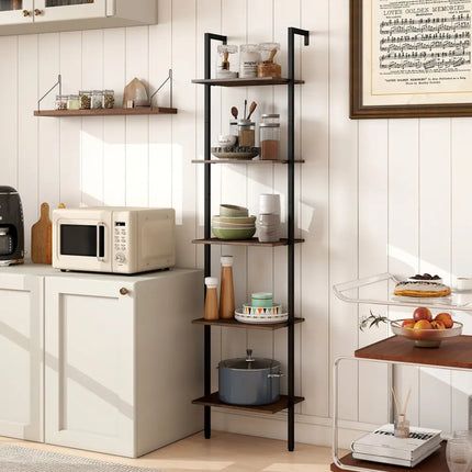 5 Tier Wall Mount Ladder Shelf with Anti-Tipping Kits for Home Office-Rustic Brown - Rustic Brown - Bookcases