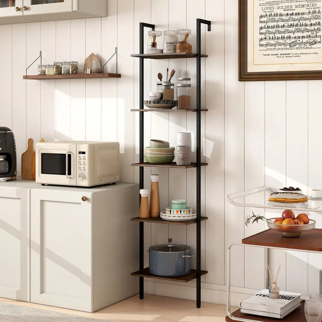5 Tier Wall Mount Ladder Shelf with Anti-Tipping Kits for Home Office-Rustic Brown - Rustic Brown - Bookcases