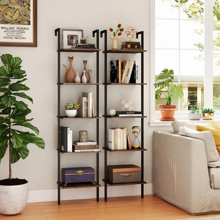 5 Tier Wall Mount Ladder Shelf with Anti-Tipping Kits for Home Office-Rustic Brown - Rustic Brown - Bookcases