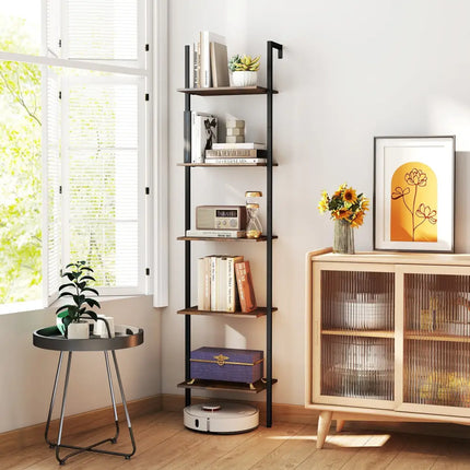 5 Tier Wall Mount Ladder Shelf with Anti-Tipping Kits for Home Office-Rustic Brown - Rustic Brown - Bookcases