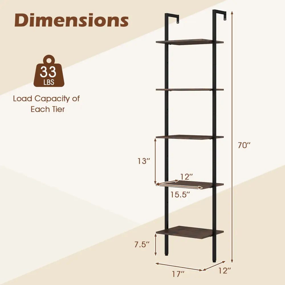 5 Tier Wall Mount Ladder Shelf with Anti-Tipping Kits for Home Office-Rustic Brown - Rustic Brown - Bookcases