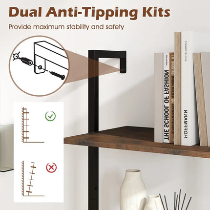 5 Tier Wall Mount Ladder Shelf with Anti-Tipping Kits for Home Office-Rustic Brown - Rustic Brown - Bookcases
