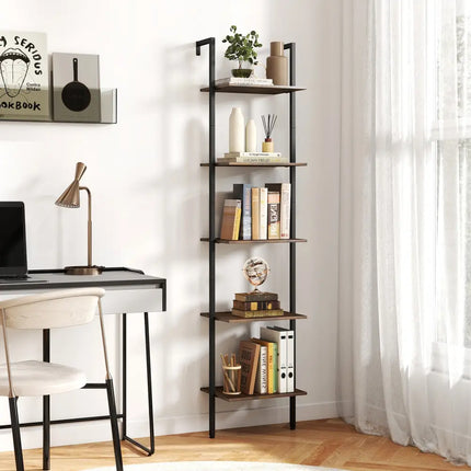 5 Tier Wall Mount Ladder Shelf with Anti-Tipping Kits for Home Office-Rustic Brown - Rustic Brown - Bookcases