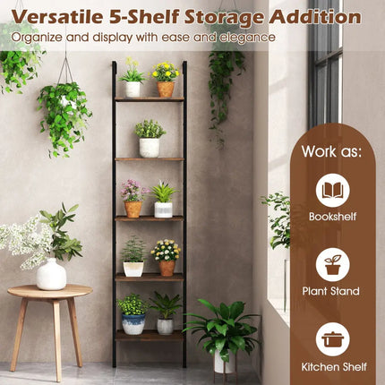 5 Tier Wall Mount Ladder Shelf with Anti-Tipping Kits for Home Office-Rustic Brown - Rustic Brown - Bookcases