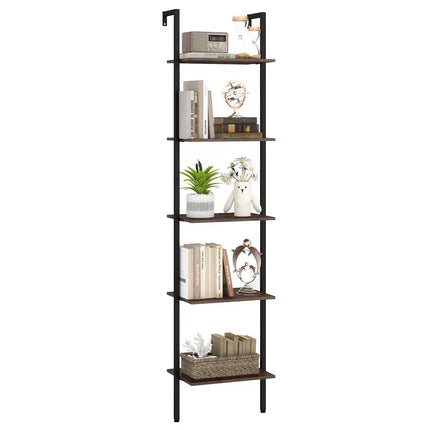 5 Tier Wall Mount Ladder Shelf with Anti-Tipping Kits for Home Office-Rustic Brown - Rustic Brown - Bookcases