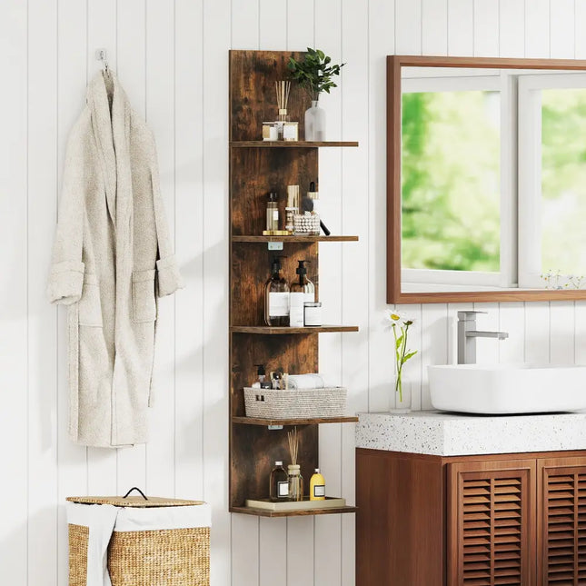 5-Tier Wall Mounted Shelf Unit with Wood Grain-Rustic Brown - Rustic Brown - Bookcases