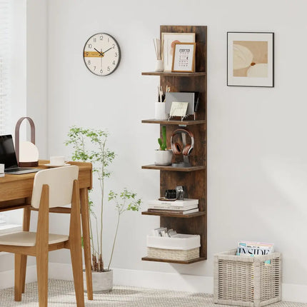 5-Tier Wall Mounted Shelf Unit with Wood Grain-Rustic Brown - Rustic Brown - Bookcases