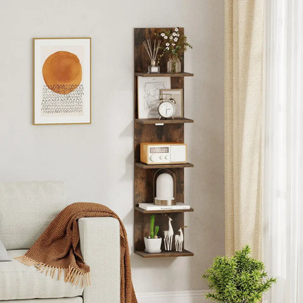 5-Tier Wall Mounted Shelf Unit with Wood Grain-Rustic Brown - Rustic Brown - Bookcases