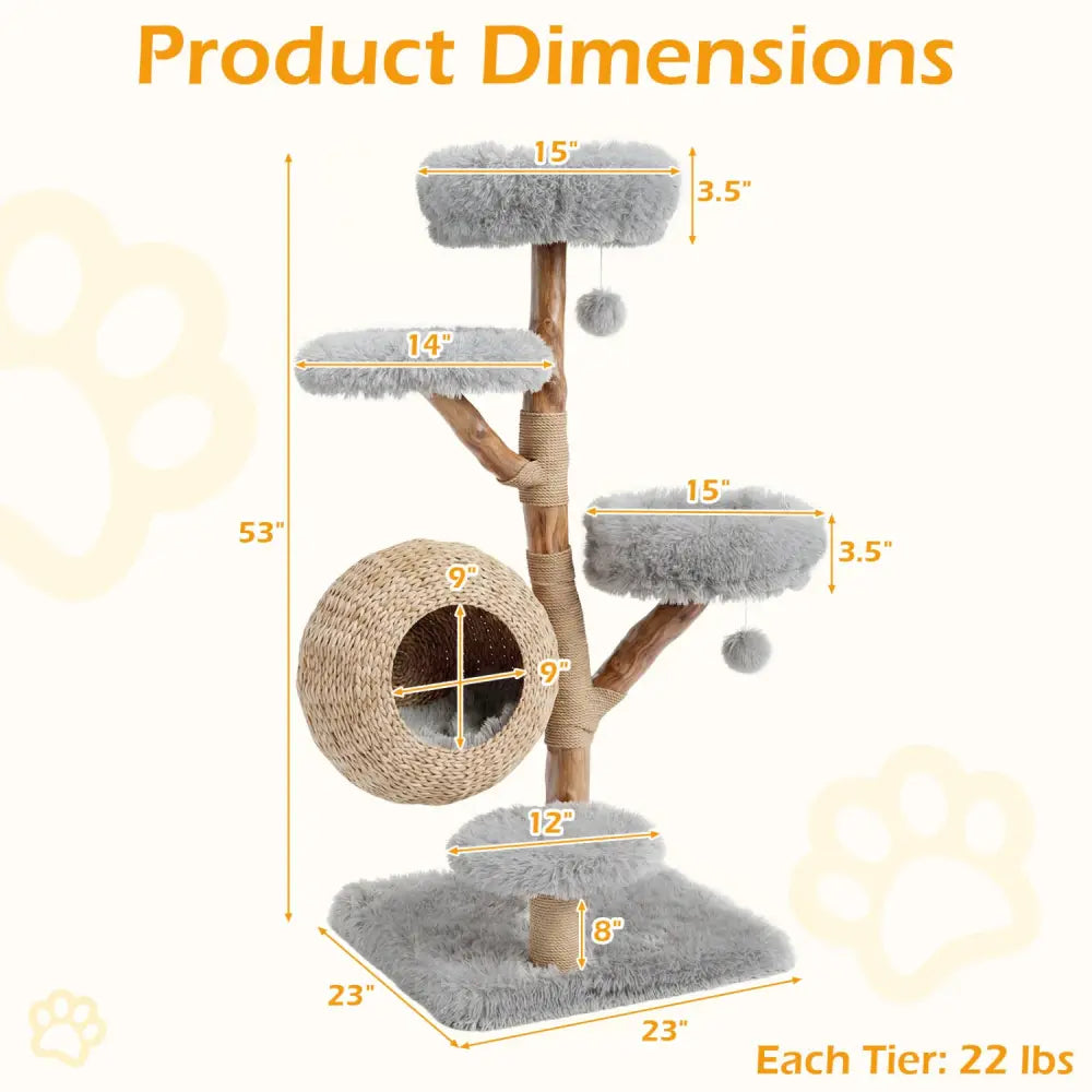 5-Tier Wooden Cat Tree with Woven Condo Plush Perches Jute Posts & Balls-Gray - Gray - Cat Trees Condos & Scratchers
