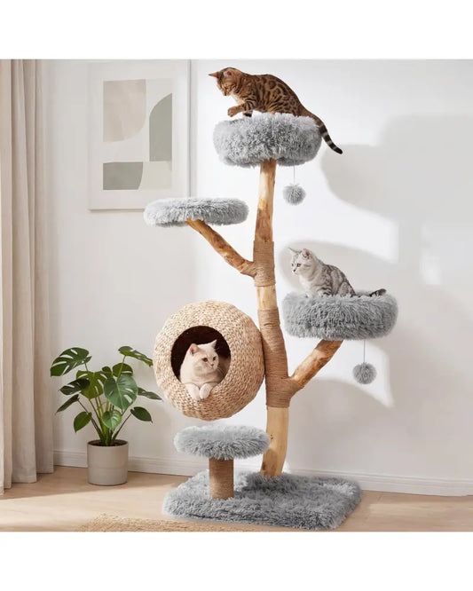5-Tier Wooden Cat Tree with Woven Condo Plush Perches Jute Posts & Balls-Gray - Gray - Cat Trees Condos & Scratchers