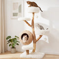 5-Tier Wooden Cat Tree with Woven Condo Plush Perches Jute Posts & Balls-White - White - Cat Trees Condos & Scratchers