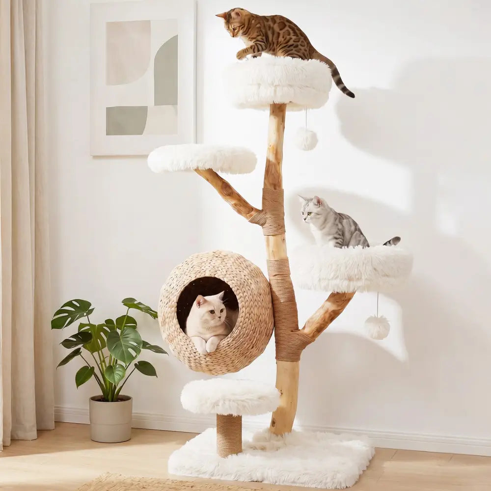 5-Tier Wooden Cat Tree with Woven Condo Plush Perches Jute Posts & Balls-White - White - Cat Trees Condos & Scratchers