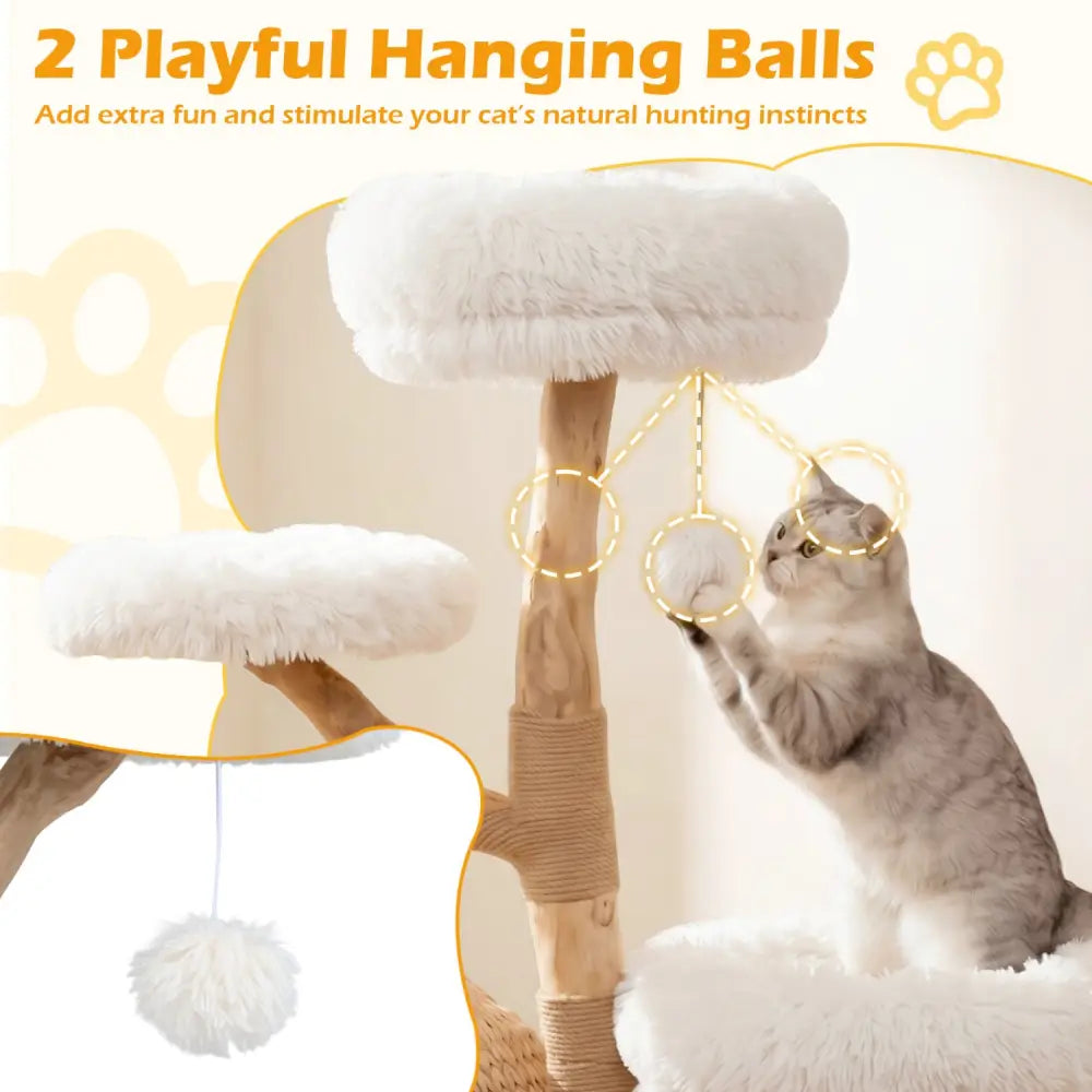 5-Tier Wooden Cat Tree with Woven Condo Plush Perches Jute Posts & Balls-White - White - Cat Trees Condos & Scratchers