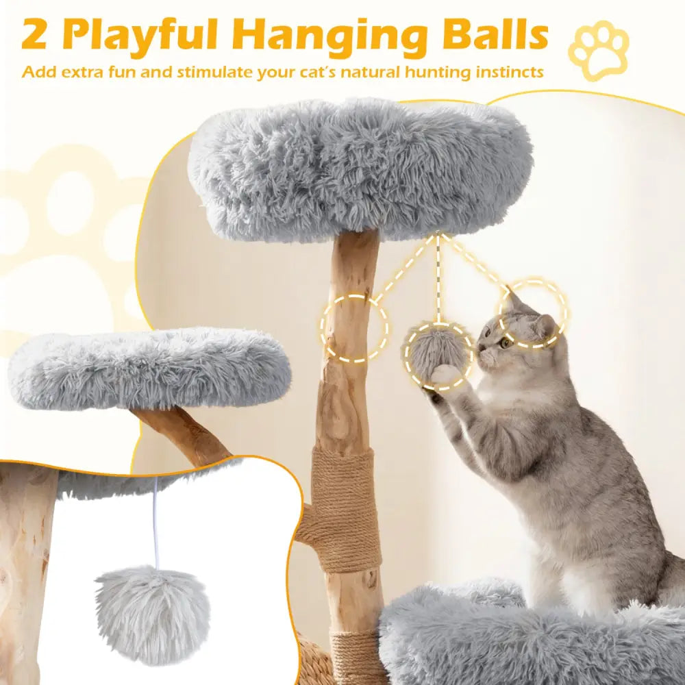 5-Tier Wooden Cat Tree with Woven Condo Plush Perches Jute Posts & Balls-Gray - Gray - Cat Trees Condos & Scratchers
