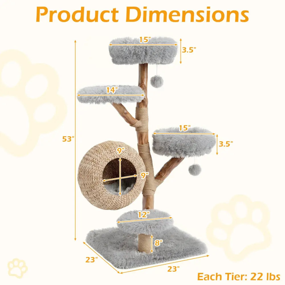 5-Tier Wooden Cat Tree with Woven Condo Plush Perches Jute Posts & Balls-Gray - Gray - Cat Trees Condos & Scratchers