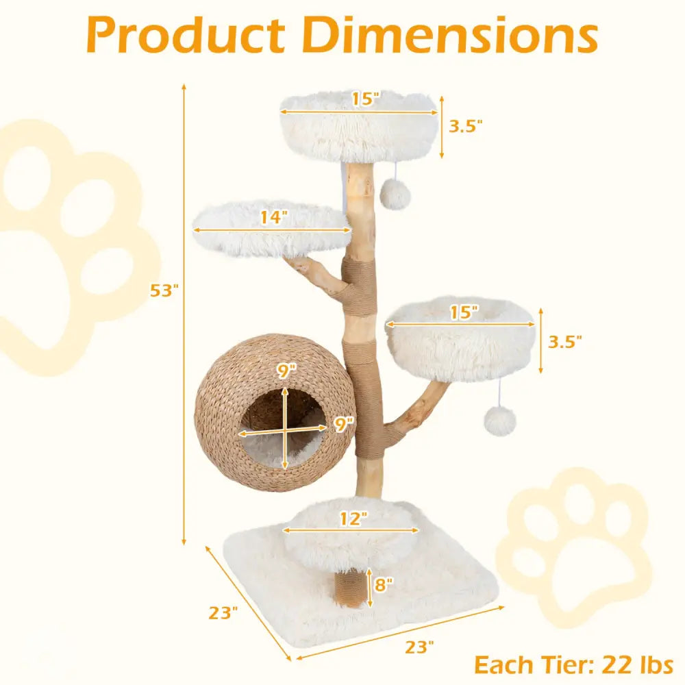 5-Tier Wooden Cat Tree with Woven Condo Plush Perches Jute Posts & Balls-White - White - Cat Trees Condos & Scratchers
