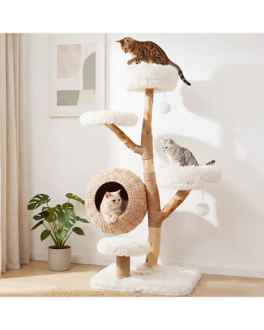 5-Tier Wooden Cat Tree with Woven Condo Plush Perches Jute Posts & Balls-White - White - Cat Trees Condos & Scratchers