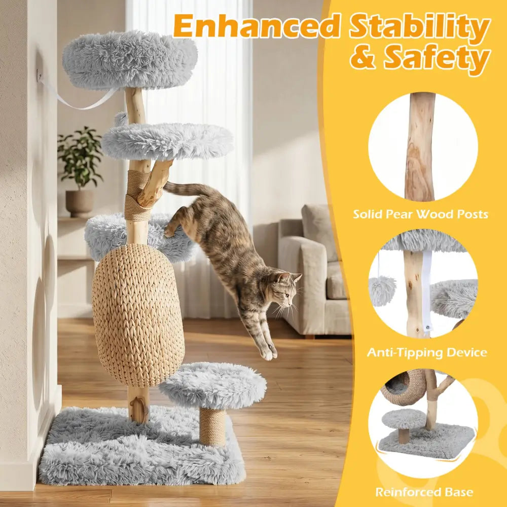 5-Tier Wooden Cat Tree with Woven Condo Plush Perches Jute Posts & Balls-Gray - Gray - Cat Trees Condos & Scratchers