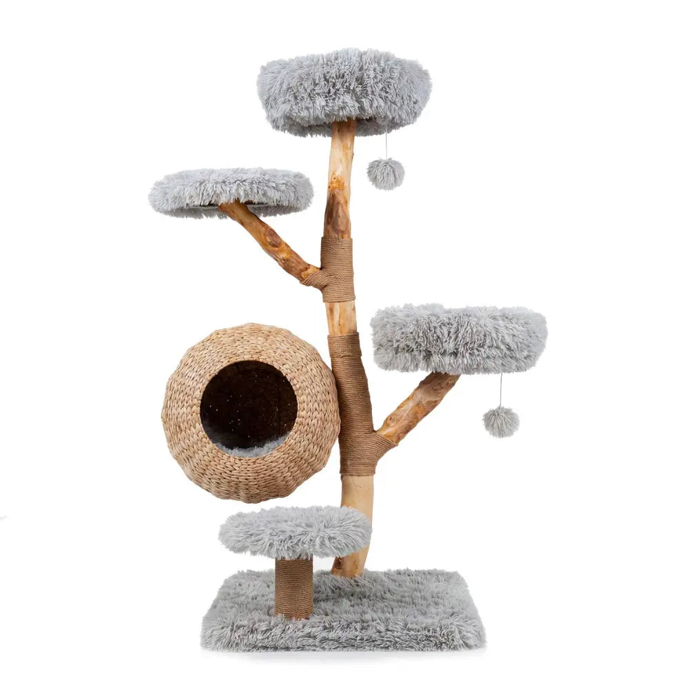5-Tier Wooden Cat Tree with Woven Condo Plush Perches Jute Posts & Balls-Gray - Gray - Cat Trees Condos & Scratchers