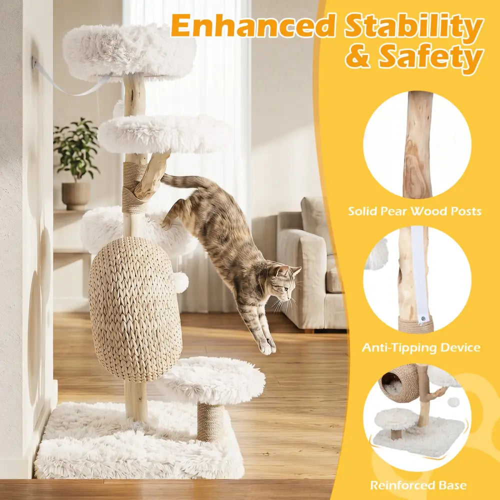 5-Tier Wooden Cat Tree with Woven Condo Plush Perches Jute Posts & Balls-White - White - Cat Trees Condos & Scratchers