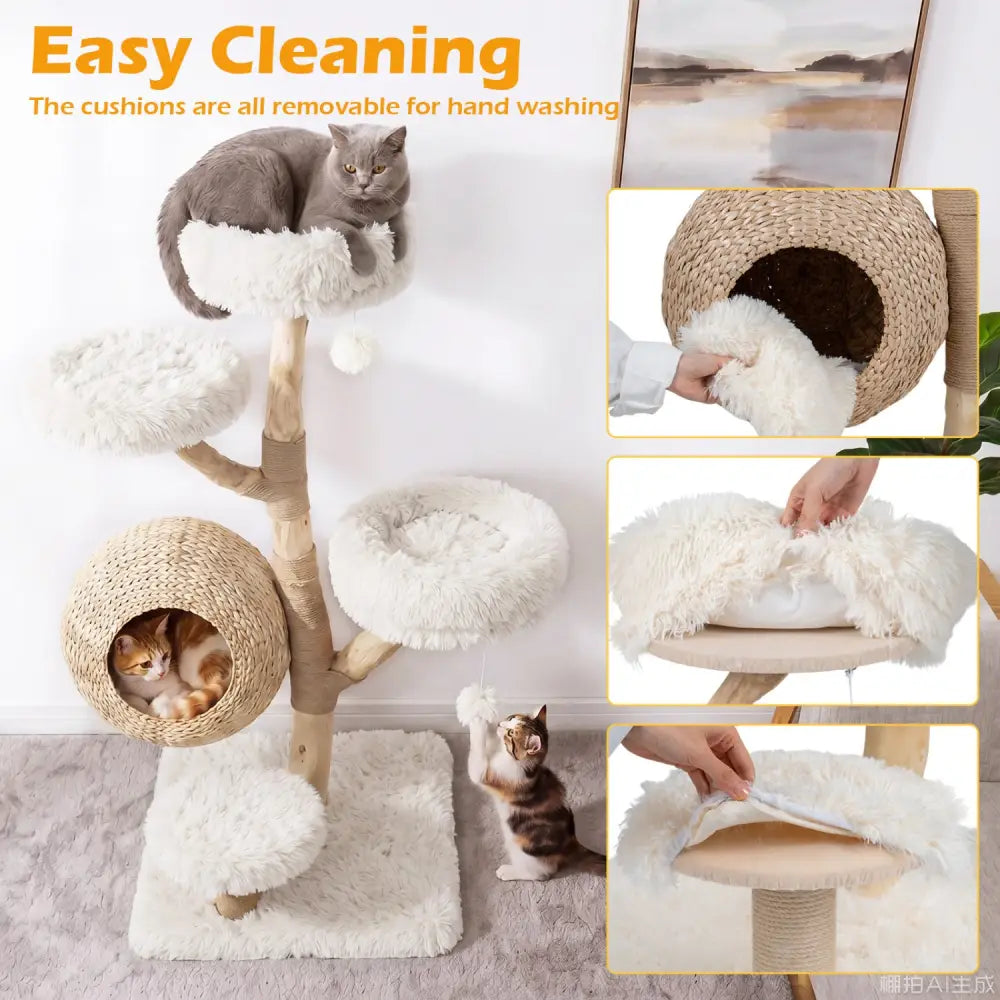 5-Tier Wooden Cat Tree with Woven Condo Plush Perches Jute Posts & Balls-White - White - Cat Trees Condos & Scratchers