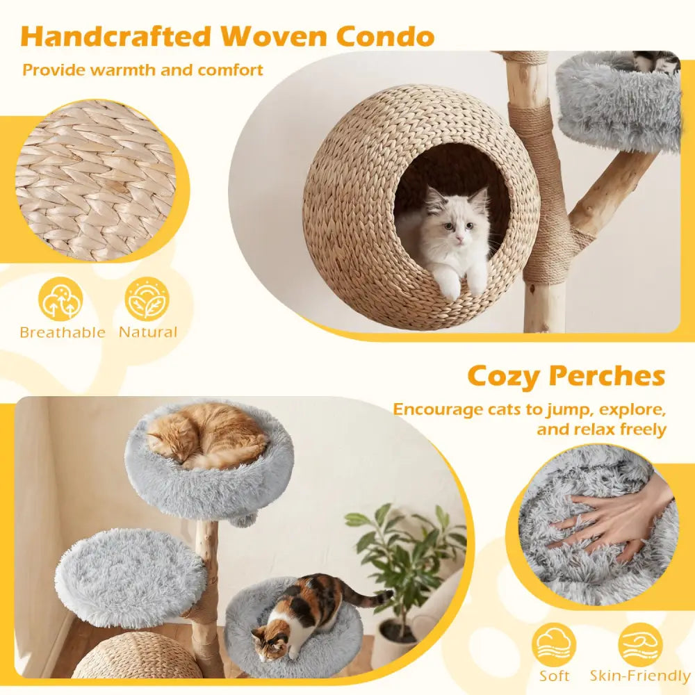 5-Tier Wooden Cat Tree with Woven Condo Plush Perches Jute Posts & Balls-Gray - Gray - Cat Trees Condos & Scratchers