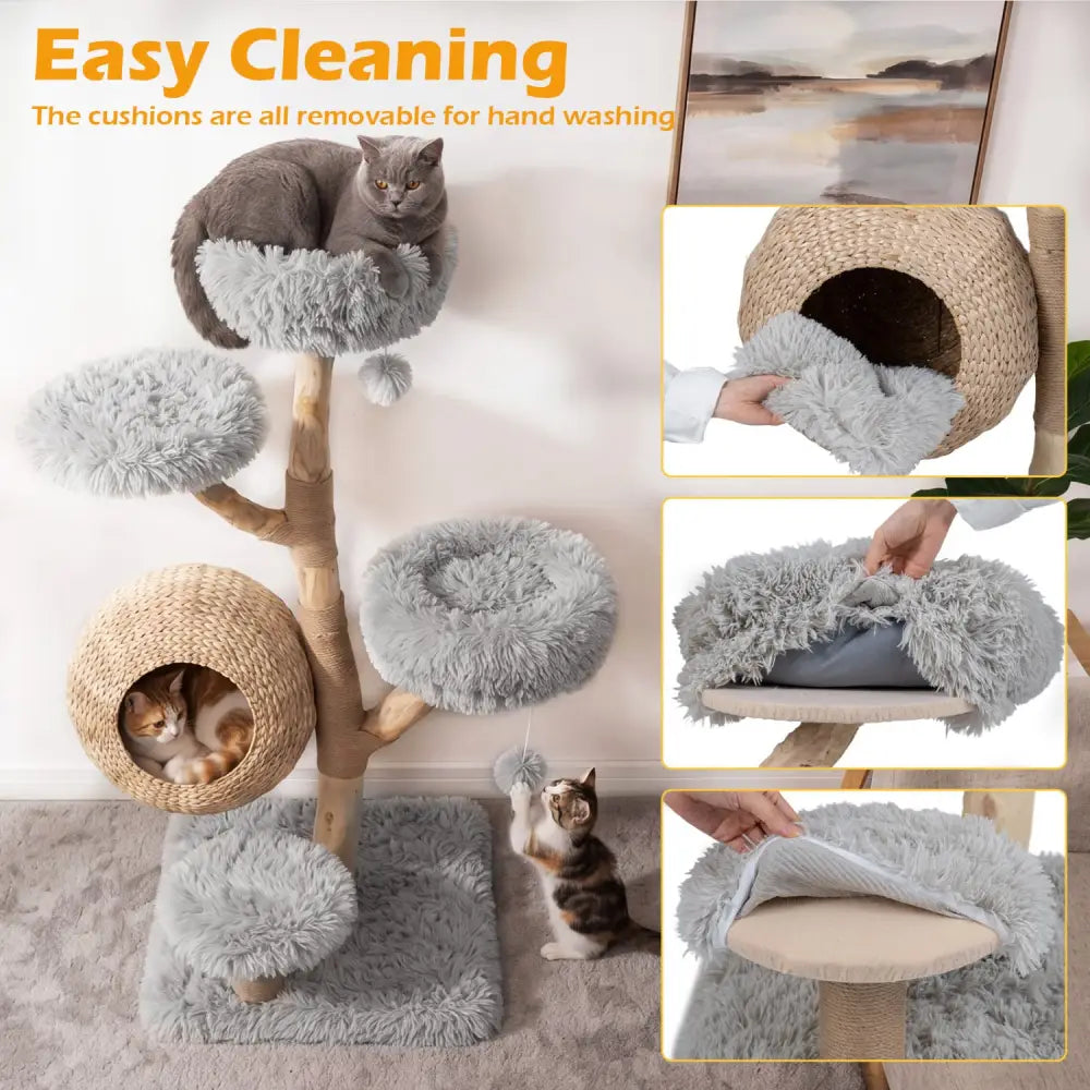 5-Tier Wooden Cat Tree with Woven Condo Plush Perches Jute Posts & Balls-Gray - Gray - Cat Trees Condos & Scratchers