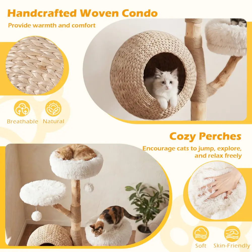 5-Tier Wooden Cat Tree with Woven Condo Plush Perches Jute Posts & Balls-White - White - Cat Trees Condos & Scratchers