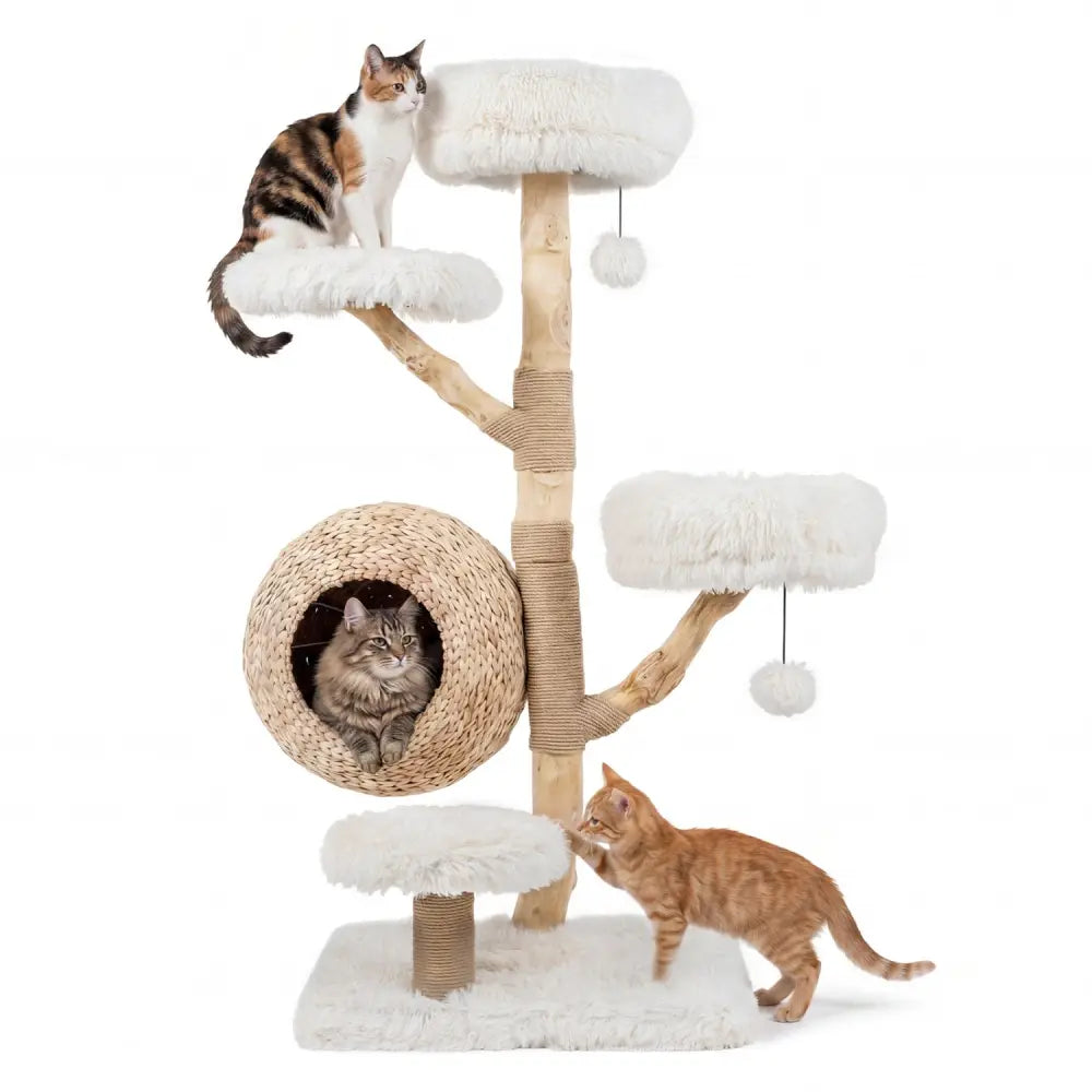 5-Tier Wooden Cat Tree with Woven Condo Plush Perches Jute Posts & Balls-White - White - Cat Trees Condos & Scratchers