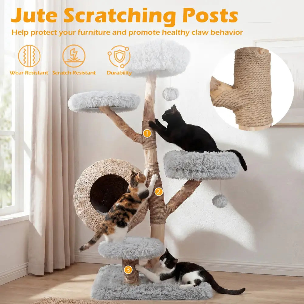 5-Tier Wooden Cat Tree with Woven Condo Plush Perches Jute Posts & Balls-Gray - Gray - Cat Trees Condos & Scratchers