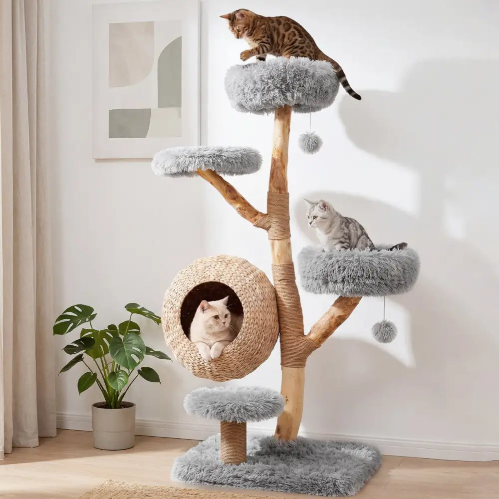 5-Tier Wooden Cat Tree with Woven Condo Plush Perches Jute Posts & Balls-Gray - Gray - Cat Trees Condos & Scratchers