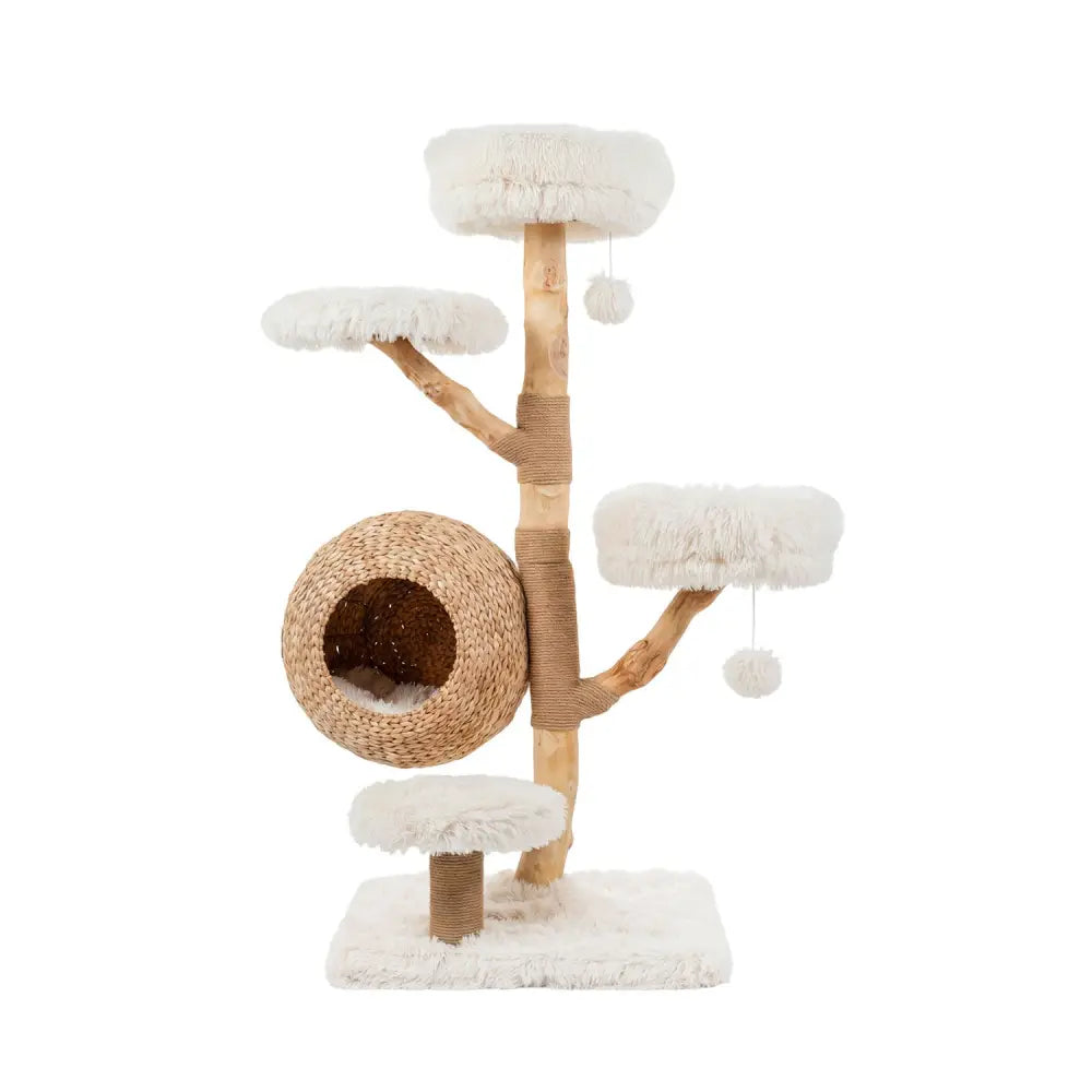 5-Tier Wooden Cat Tree with Woven Condo Plush Perches Jute Posts & Balls-White - White - Cat Trees Condos & Scratchers