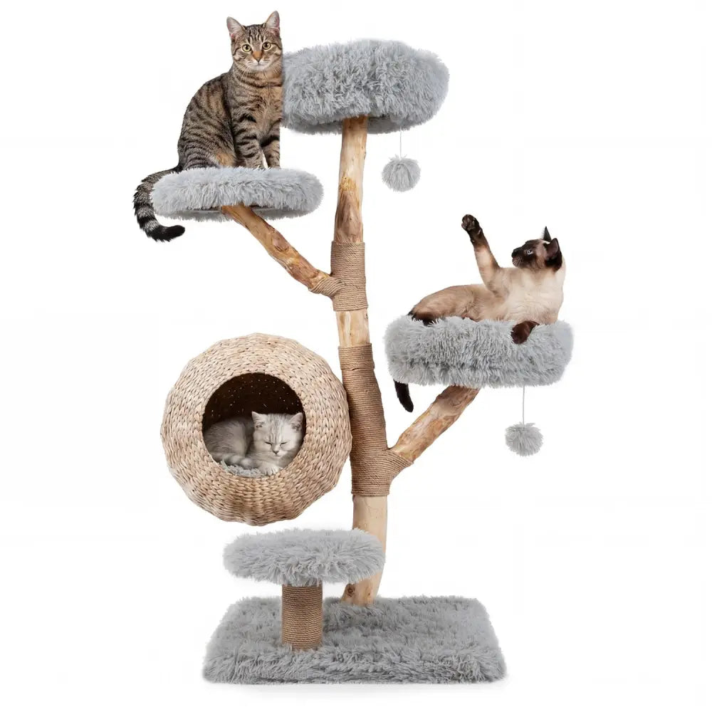 5-Tier Wooden Cat Tree with Woven Condo Plush Perches Jute Posts & Balls-Gray - Gray - Cat Trees Condos & Scratchers