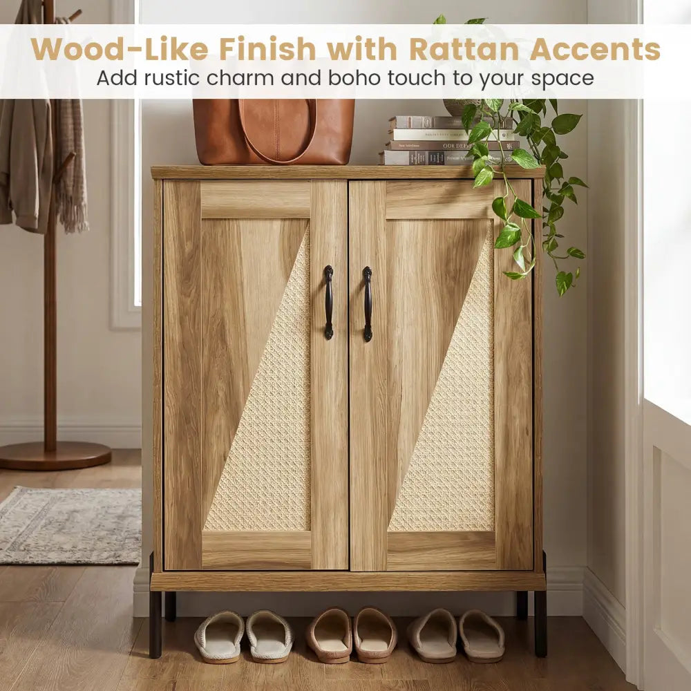 5-Tier Wooden Farmhouse Shoe Cabinet with Woven Rattan Doors-Natural - Natural - Shoe Racks & Storage Benches