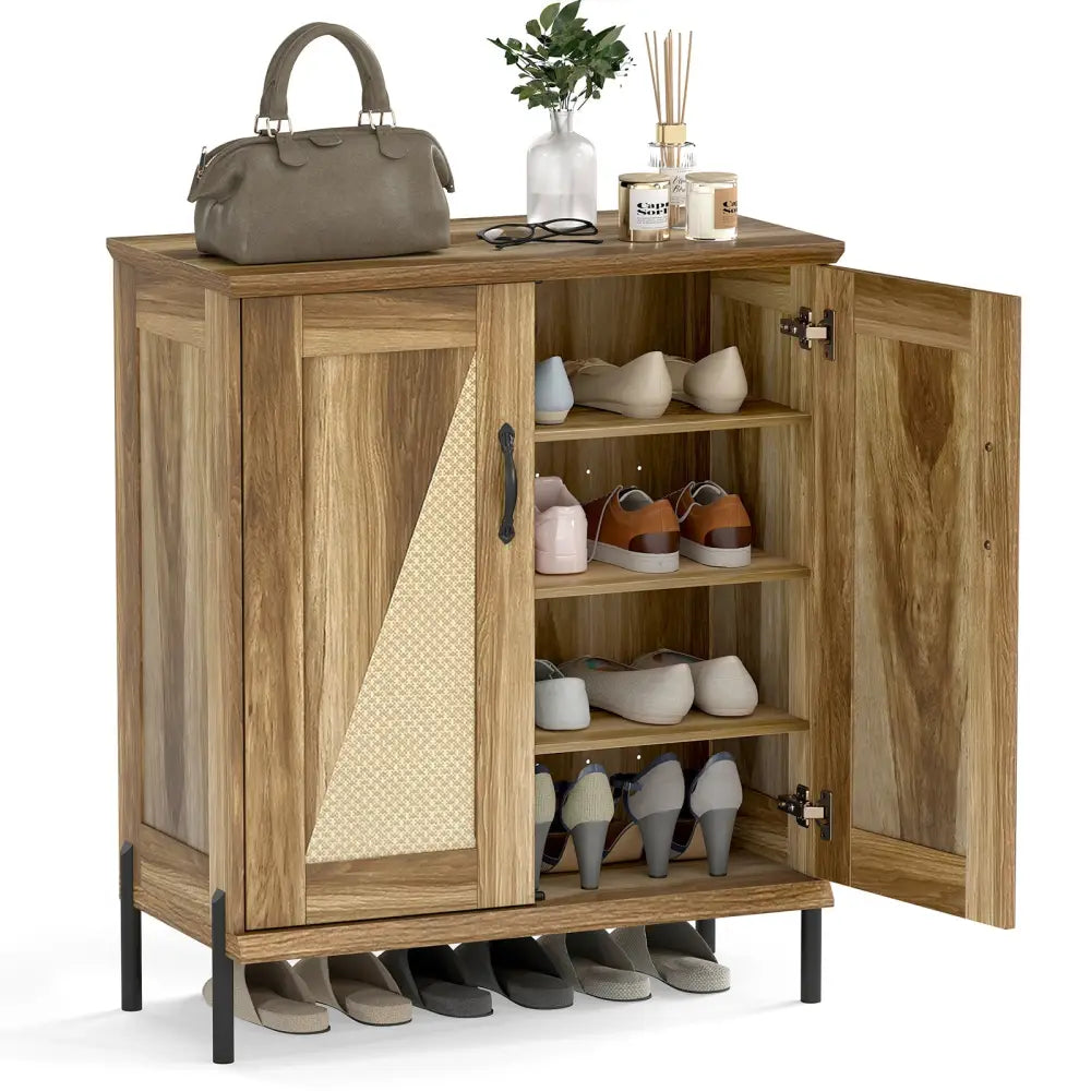 5-Tier Wooden Farmhouse Shoe Cabinet with Woven Rattan Doors-Natural - Natural - Shoe Racks & Storage Benches
