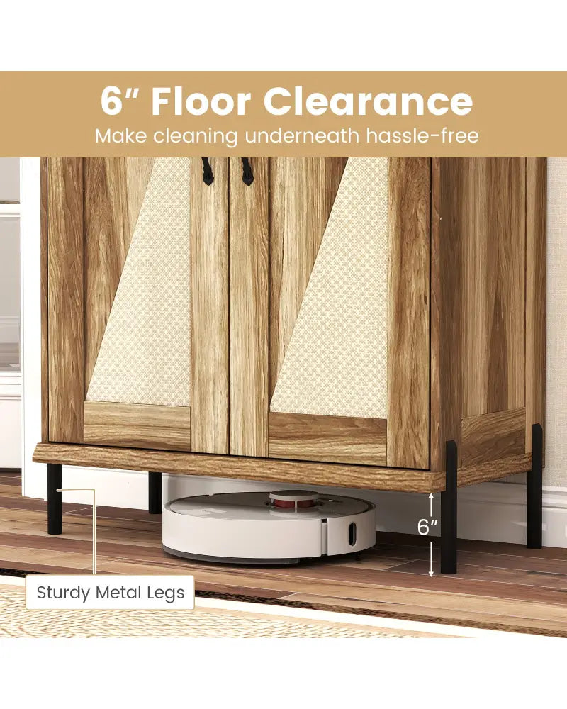 5-Tier Wooden Farmhouse Shoe Cabinet with Woven Rattan Doors-Natural - Natural - Shoe Racks & Storage Benches