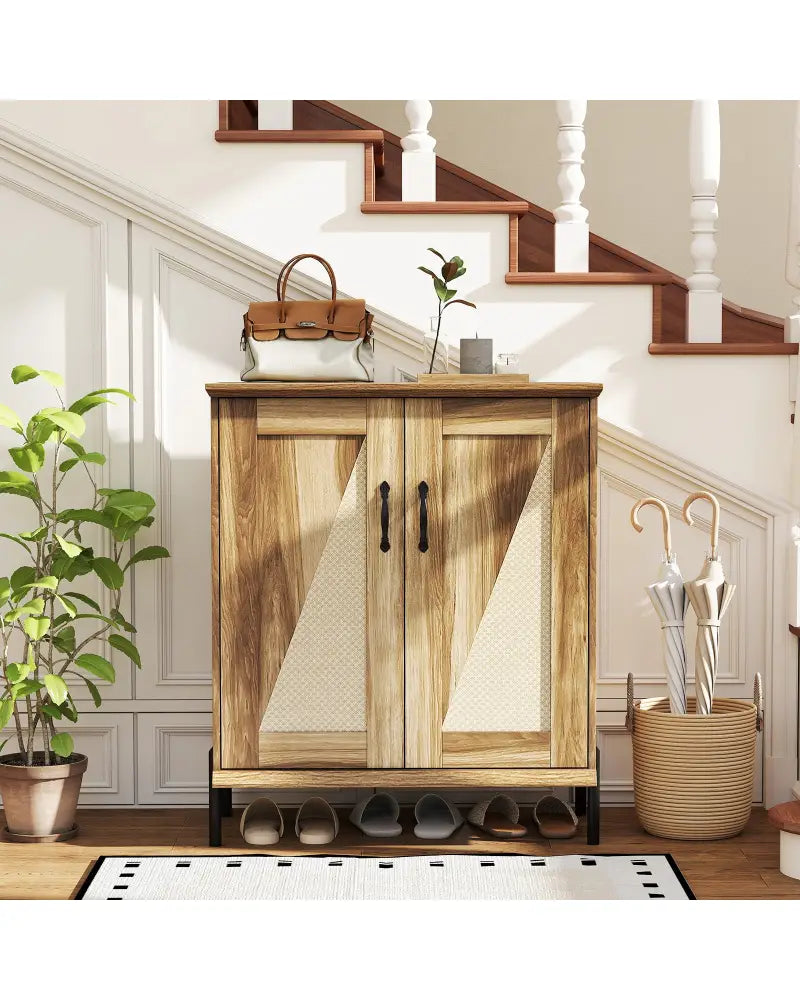 5-Tier Wooden Farmhouse Shoe Cabinet with Woven Rattan Doors-Natural - Natural - Shoe Racks & Storage Benches