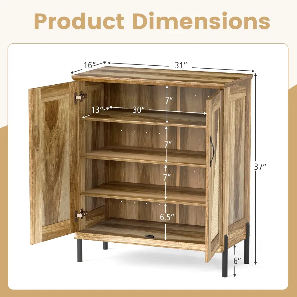 5-Tier Wooden Farmhouse Shoe Cabinet with Woven Rattan Doors-Natural - Natural - Shoe Racks & Storage Benches