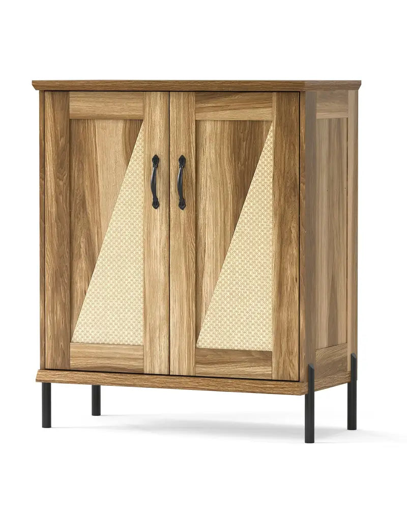5-Tier Wooden Farmhouse Shoe Cabinet with Woven Rattan Doors-Natural - Natural - Shoe Racks & Storage Benches