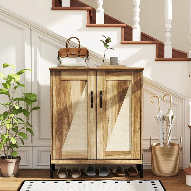 5-Tier Wooden Farmhouse Shoe Cabinet with Woven Rattan Doors-Natural - Natural - Shoe Racks & Storage Benches