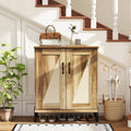 5-Tier Wooden Farmhouse Shoe Cabinet with Woven Rattan Doors-Natural - Natural - Shoe Racks & Storage Benches