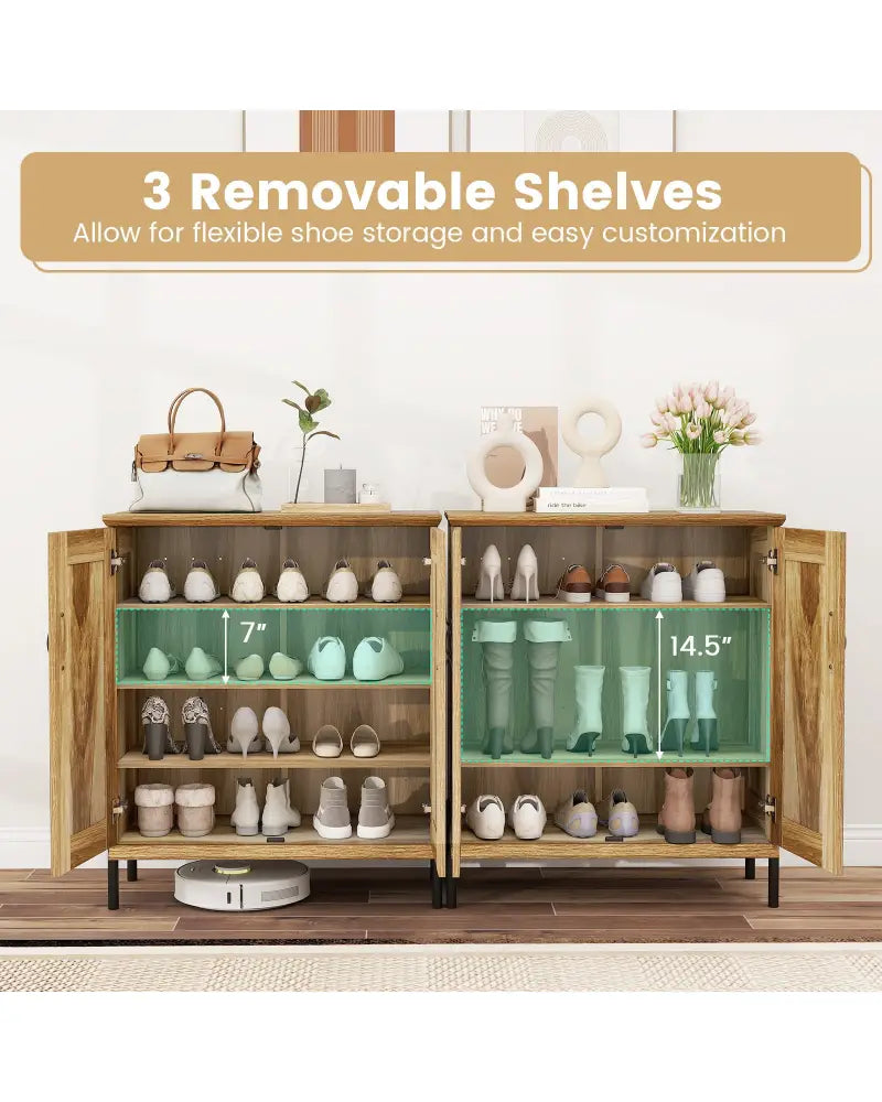 5-Tier Wooden Farmhouse Shoe Cabinet with Woven Rattan Doors-Natural - Natural - Shoe Racks & Storage Benches
