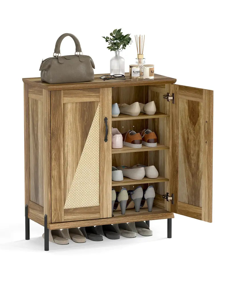 5-Tier Wooden Farmhouse Shoe Cabinet with Woven Rattan Doors-Natural - Natural - Shoe Racks & Storage Benches
