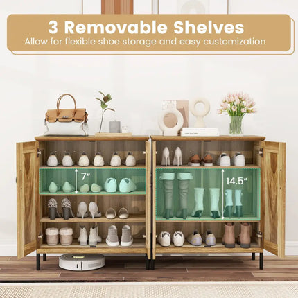 5-Tier Wooden Farmhouse Shoe Cabinet with Woven Rattan Doors-Natural - Natural - Shoe Racks & Storage Benches